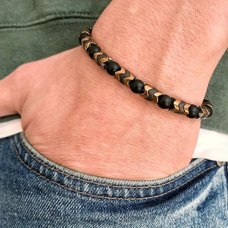 Black Onyx Round Bead & Arrow Stone Bead Bracelet