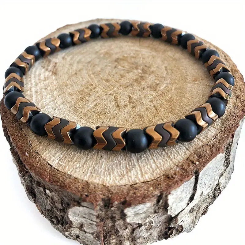 Black Onyx Round Bead & Arrow Stone Bead Bracelet