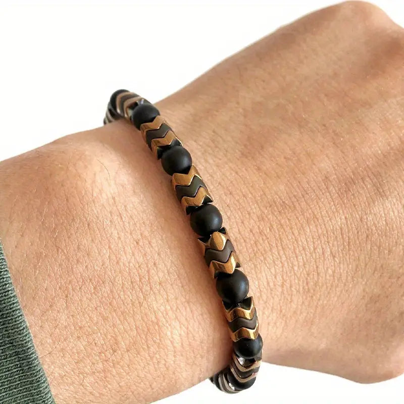 Black Onyx Round Bead & Arrow Stone Bead Bracelet